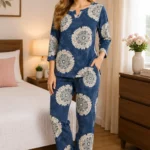 QUEEN FOREVER Women's Premium Cotton Printed Night Suit Set Navy Blue Floral