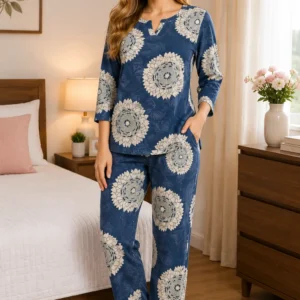 QUEEN FOREVER Women's Premium Cotton Printed Night Suit Set Navy Blue Floral