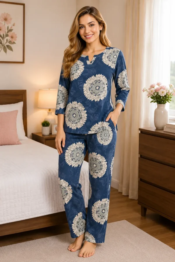 QUEEN FOREVER Women's Premium Cotton Printed Night Suit Set Navy Blue Floral