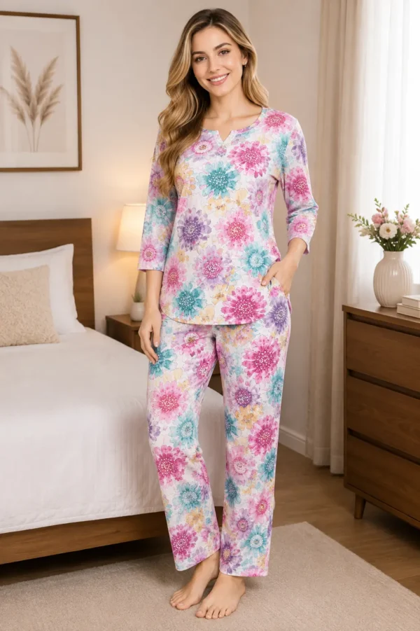 QUEEN FOREVER Women's Premium Cotton Printed Night Suit Set Multicolor Floral